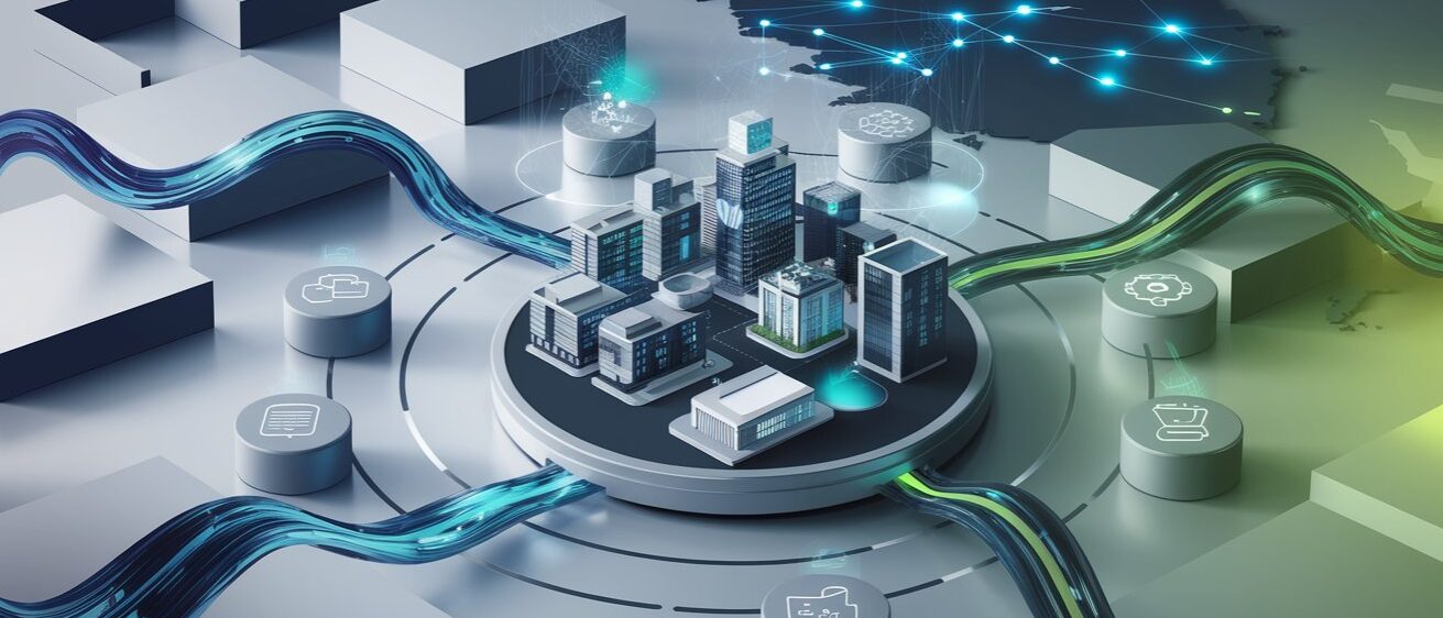 Digitalisierte Mittelständische Unternehmen und ihre Vernetzung Ein futuristisches Modell eines mittelständischen Unternehmens, dargestellt durch moderne Gebäude auf einer zentralen Plattform. Leuchtende Datenströme verbinden das Unternehmen mit externen Systemen und Netzwerken auf einer größeren Karte. Symbole für Cloud-Technologie, Künstliche Intelligenz, Kommunikation und Automatisierung sind auf Plattformen um das Unternehmen verteilt. Künstliche Intelligenz für den Mittelstand