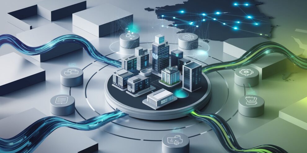 Digitalisierte Mittelständische Unternehmen und ihre Vernetzung Ein futuristisches Modell eines mittelständischen Unternehmens, dargestellt durch moderne Gebäude auf einer zentralen Plattform. Leuchtende Datenströme verbinden das Unternehmen mit externen Systemen und Netzwerken auf einer größeren Karte. Symbole für Cloud-Technologie, Künstliche Intelligenz, Kommunikation und Automatisierung sind auf Plattformen um das Unternehmen verteilt. Künstliche Intelligenz für den Mittelstand