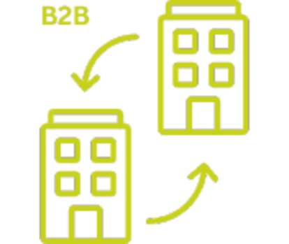 B2B Geschäftsmodell Symbolische Darstellung des B2B-Geschäftsmodells mit zwei Gebäuden, die durch Pfeile miteinander verbunden sind.